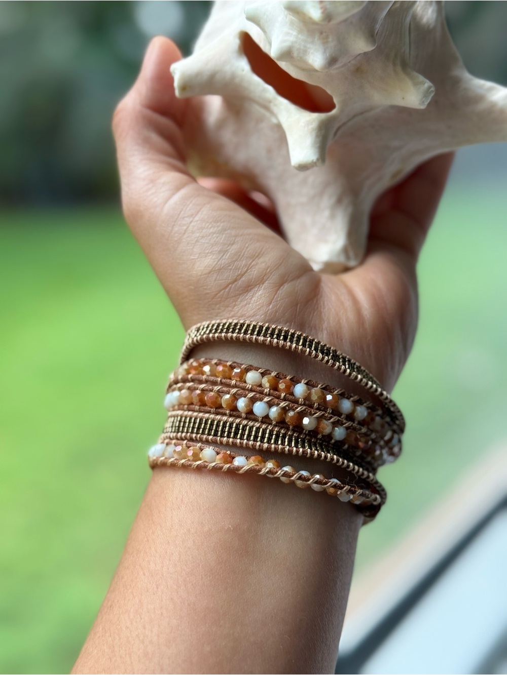 Victoria Emerson 5 Wrap Bracelet | Boho Leather Peach Crystal Beads